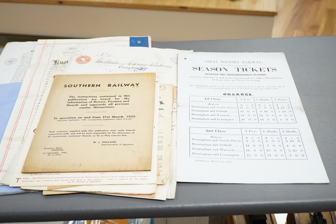 Railway related documents including; a GWR season ticket flyer dated 1854, a Southern Railway instruction booklet for drivers, firemen and guards, share certificates, 1940s and 50s temporary timetables, a Festiniog Railw
